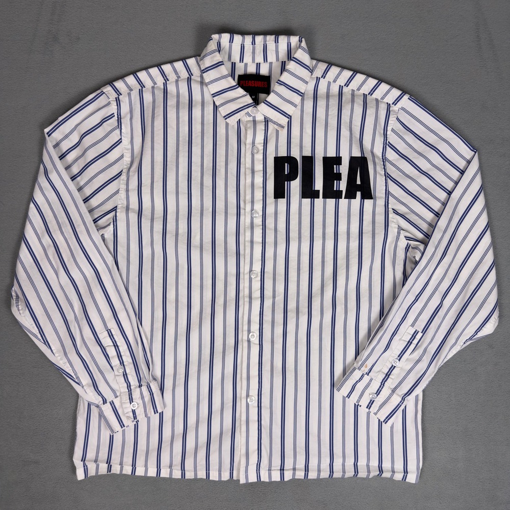 Pleasures PLEA SURES Logo Blue White Stripe Long Sleeve Button‎ Down Shirt M